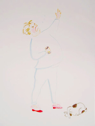 Vivienne Shark LeWitt untitled sketch (guy with beer can and dog), 1994; watercolour on paper; 110 x 75 cm; enquire
