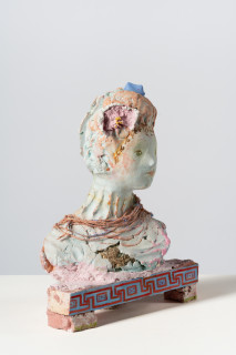 Linda Marrinon Woman with coral necklace, 2025; tinted and painted plaster, hessian and terracotta; 36 x 27 x 13 cm; enquire