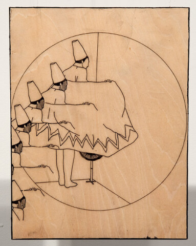 Hossein Ghaemi A hilarious short story about a spaceman who lands in a remote village in Qazvin, 2009; Drawing on wood; 26 x 20 cm; enquire