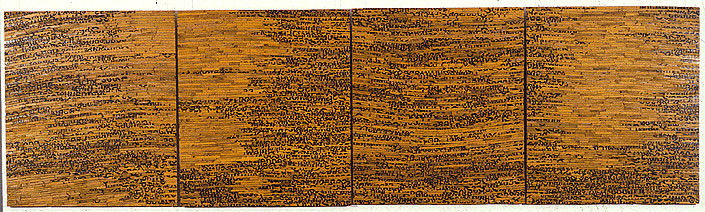 Rosalie Gascoigne Monaro, 1989; sawn / split soft drink crates on plywood; 130.5 x 465 cm; enquire