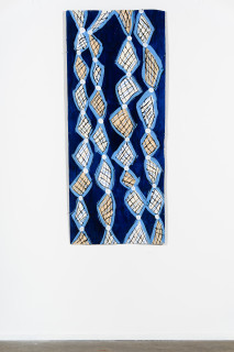 installation view; Dhambit Munuŋgurr Blue Fire, 2024; 8579-24; acrylic on bark; 169 x 72 cm; enquire