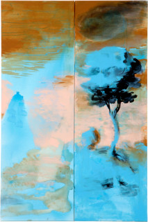 Tony Clark Landscape for a mammoth, 2006; from the series Exhibited in 'Stolen Ritual', 2006; acrylic and permanent ink on canvas board; 2 panels, overall dimensions 120 x 80cm; enquire