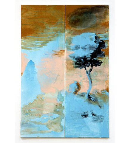 Tony Clark Landscape for a mammoth, 2006; from the series Exhibited in 'Stolen Ritual', 2006; acrylic and permanent ink on canvas board; 2 panels, overall dimensions 120 x 80cm; enquire