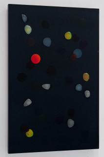 Jim Lambie October 1983, 
Beneath the darkest blue, 
Among the trees and night and air, 
We drank the stars undone, 2026; resin, sunglasses lens, birch plywood, paint; 91.5 x 61 x 5 cm; enquire