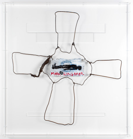 Fiona Hall zero sum, 2017; aluminum can, tin, wire, paint; 80.5 x 76.5 x 7 cm; enquire