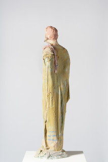 Linda Marrinon Woman with robe and pink ribbon, 2025; tinted and painted plaster with muslin; 110 x 30 x 25 cm; enquire