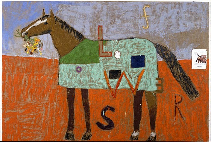 Jenny Watson Flowers, 1989; oil, Indian pigments and haberdashery on Belgian linen; 198 x 290 cm; enquire