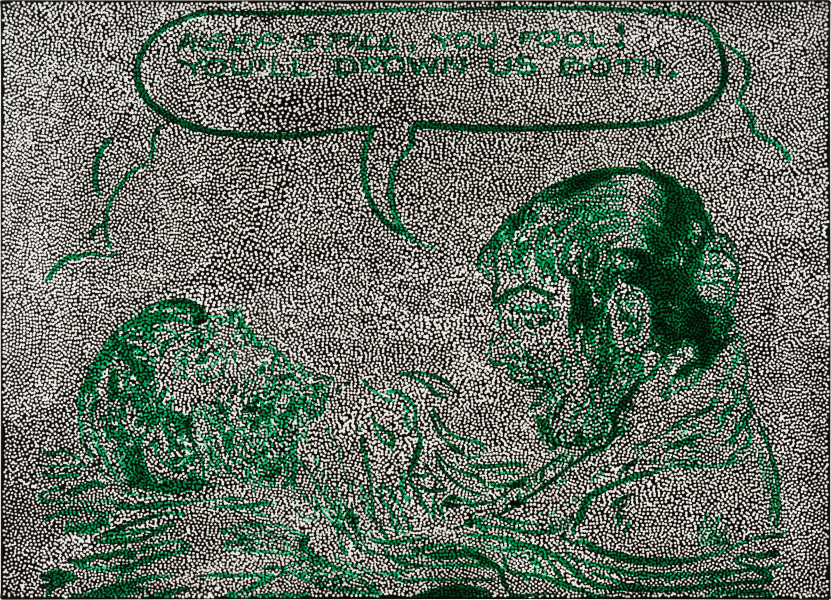 Daniel Boyd Untitled (QSUTLT), 2025; oil, acrylic and archival glue on paper mounted to canvas; 132 x 183 cm; enquire