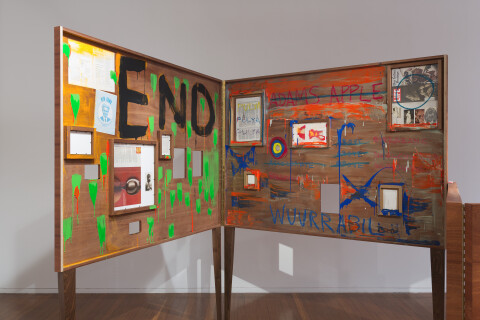 Brook Andrew Mirror I, 2017; Sapele timber, paint, block board, paper, Perspex and glue; dimensions variable; enquire