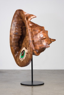 Del Kathryn Barton more the her, 2022; American Black Walnut with Cambia ash and Rock Maple wood, Abalone Green and White Fresh Water mother of pearl inlay, hardwax oil, blackened steel; 157 x 100 x 100 cm; 140kg; enquire