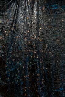 Kirtika Kain Midnight (detail), 2025; tar on hessian, stones, gold leaf and acrylic paint; 329 x 885 x 35 cm; dimensions variable; enquire