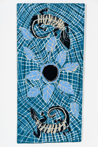 Dhambit Munuŋgurr A tribute to my father Mutitjpuy, 2024; 7550-24; acrylic on bark; 160 x 75 cm; enquire