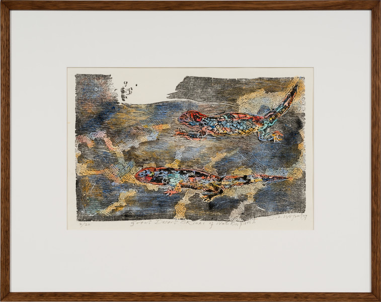John Wolseley Great Desert Skinks I, 2026; woodcut and watercolour on Tengucho paper; 32 x 48 cm; 61 x 77 cm (framed); Edition of 20; enquire