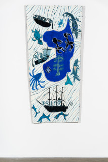 installation view; Dhambit Munuŋgurr Gunyaŋara - Flinders, 2025; 3192-25; acrylic on bark; 186 x 86 cm; enquire