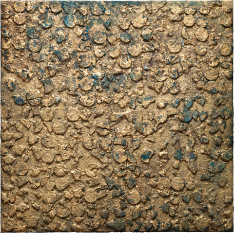 Kirtika Kain Blue Bloods XI, 2023; cow dung, rangoli pigment, gold leaf, artist pigment, tar, wax; 120 x 120 cm; more info; enquire