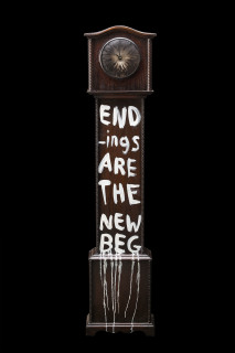 Fiona Hall Wrong Way Time, 2014; Oil on long case clock; 137 x 31 x 18 cm; enquire
