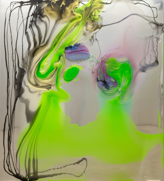 Dale Frank His isolating yet increasingly ever more complex dawn fantasies where in fact his barometer check in on reality, to form up his constant thoughts throughout the day, enough to wander and wonder in his glass like life reflecting only his constant misunderstandings, 2025; colour powder pigments in Epoxyglass, Epoxyglass, on perspex; 200 x 180 cm; enquire