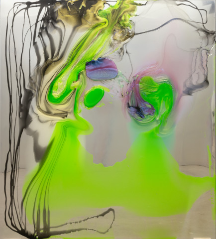 Dale Frank His isolating yet increasingly ever more complex dawn fantasies where in fact his barometer check in on reality, to form up his constant thoughts throughout the day, enough to wander and wonder in his glass like life reflecting only his constant misunderstandings, 2025; colour powder pigments in Epoxyglass, Epoxyglass, on perspex; 200 x 180 cm; more info; enquire