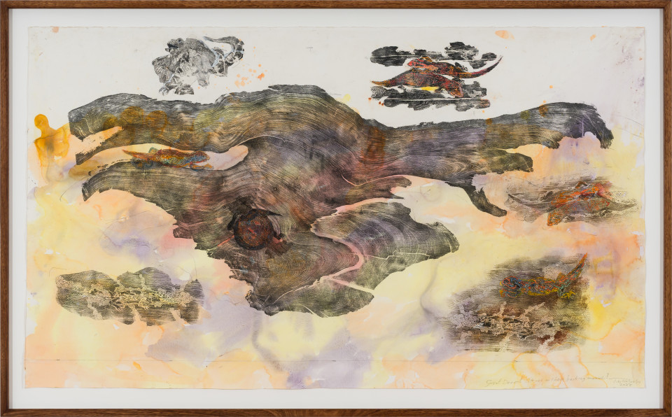 John Wolseley Great desert skinks on their basking mound in the Great
Sandy desert I, 2026; watercolour and woodblock print on paper; 104 x 180 cm; 121 x 195 cm (framed); enquire