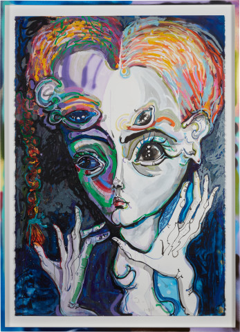Del Kathryn Barton im out, 2019; acrylic, oil stick on paper, hand finished frame; 164 x 117.5 cm; Enquire