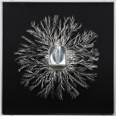 Fiona Hall Mycorrhizal network I, 2024; Aluminium drink and fish cans; 49.5 x 49.5 cm; enquire