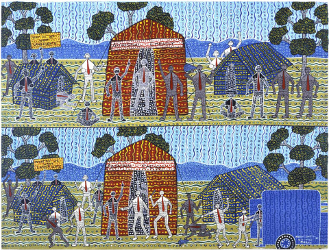 Robert Campbell Jnr Aboriginal Embassy, 1987; acrylic on canvas; 91 x 120 cm; enquire