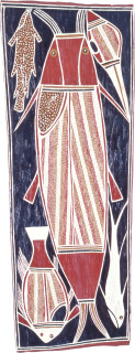 David Malangi Wedu - Salmon Catfish, 1989; natural ochre pigments on Stringybark; 88 x 30 cm; enquire