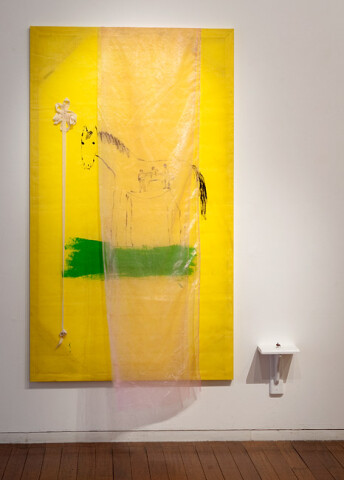 Jenny Watson Live at the Pony, 2010; Part 1: acrylic on rabbit skin glue primed cotton with organza overlay and velvet ribbon, 170 x 98 cm
Part 2: plastic rider on shelf, 3 x 2.5 x 1 cm
; enquire