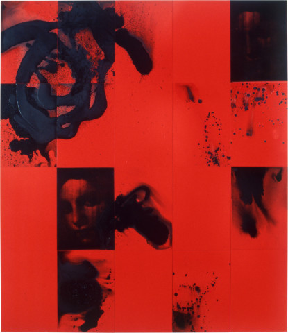 Lindy Lee Vermillion Palace, 1997; acrylic and photocopy on Stonehenge paper on; 164 x 142.5 cm; 20 panels; enquire