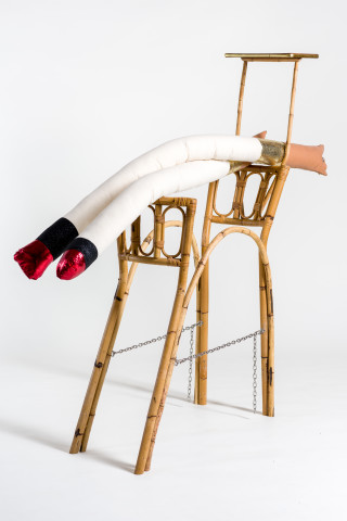 Sarah Contos Bar, 2019; repurposed cane, fabric, wood, poly-fibre, stainless hardware, leather; 132 x 140 x 35 cm; Enquire