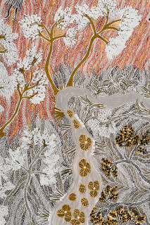 Yalmakany Marawili Borum'mirri (Fruitful) (detail), 2025; 5953-25; earth pigments on stringybark; 207 x 109 cm; enquire