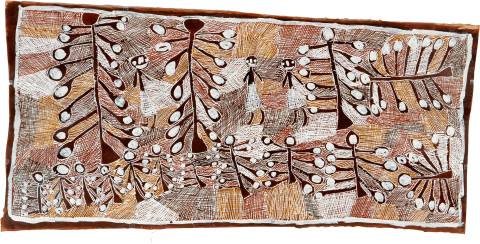 Nyapanyapa Yunupiŋu Artist with Granddaughters and White Apples, 2008; natural earth pigments on bark; 77 x 159 cm; enquire