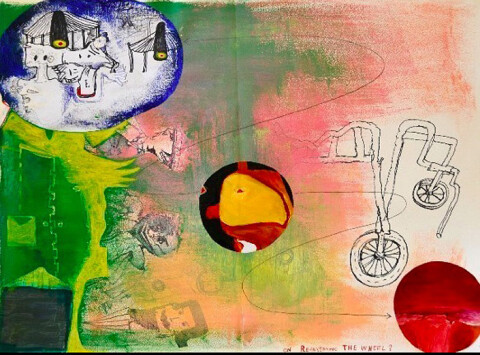 Gareth Sansom On reinventing the wheel?, 2003; Ink, acrylic and collage on paper; 69 x 86 cm; Paper size: 56 x 75; enquire