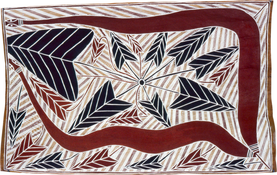 George Milpurrurru, Gunungu - Black Headed Python, 1991; natural ochre on Stringybark; 130 x 70 cm