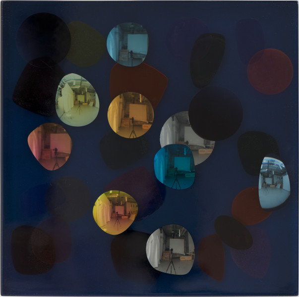 Jim Lambie August 2017, Cerulean Calm, 2026; resin, sunglasses lens, birch plywood, paint; 33 x 33 x 5 cm; more info; enquire