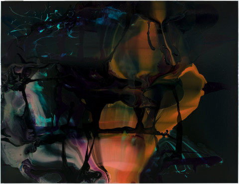 Dale Frank An Aardvark sat on his lap yellow flowering Aaron's Rod bitter musk scent sent asunder with the sounds of dirt pelting the low wood roof, 2008; varnish on canvas; 200 x 260 cm; enquire
