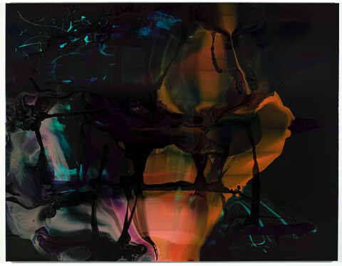 Dale Frank 8. An Aardvark sat on his lap yellow flowering Aaron's Rod bitter musk scent sent asunder with the sounds of dirt pelting the low wood roof, 2008; varnish on canvas; 200 x 260 cm; enquire