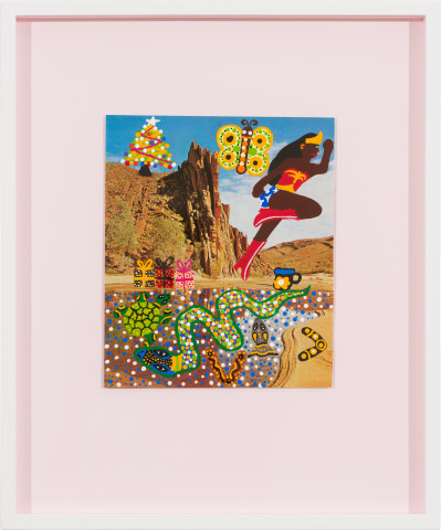 Kaylene Whiskey Wonder Woman and the Water Snake, 2022; acrylic on page from found book; 24.2 x 20.4 cm; 47 x 39 cm (framed); enquire