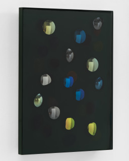 Jim Lambie May 1993, Petrichor Rising, 2026; resin, sunglasses lens, birch plywood, paint; 60 x 45 x 5 cm; enquire