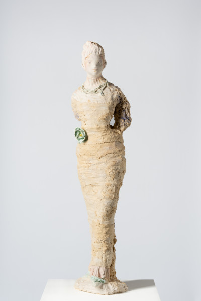 Linda Marrinon Woman with green rose (Portrait of Julia Zemiro), 2025; tinted and painted plaster with muslin; 110 x 28 x 28 cm; enquire