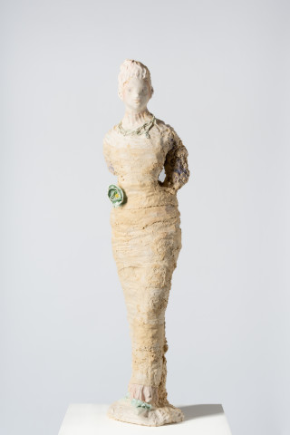 Linda Marrinon Woman with green rose (Portrait of Julia Zemiro), 2025; tinted and painted plaster with muslin; 110 x 28 x 28 cm; more info; enquire