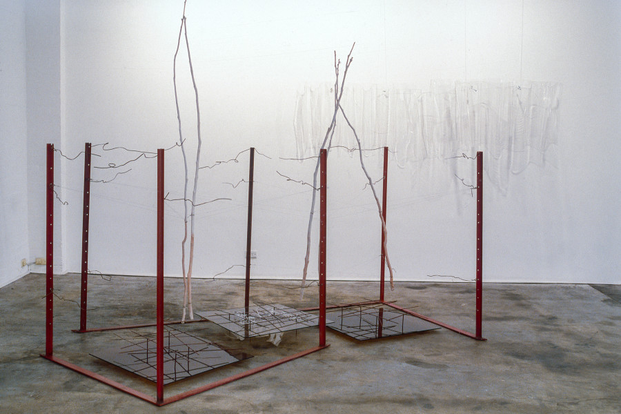 Joan Brassil, Time Mirages, 1986; steel, perspex, glass, gum tree saplings, wire (brass, copper, steel); dimensions variable