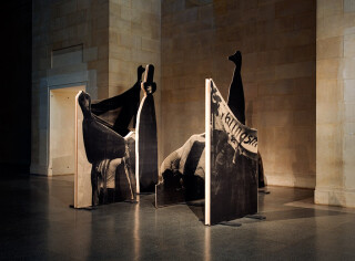 David Noonan Untitled, 2009; 5 sculptures each screen printed jute and linen on birch ply and steel bases; variable; Enquire