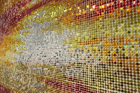 Nell Unlimited Radiance (detail), 2001; MDF, cork, sequins, pins, acrylic, paint; 381 x 409 cm; 64 panels 51.2 x 47.7cm each; enquire