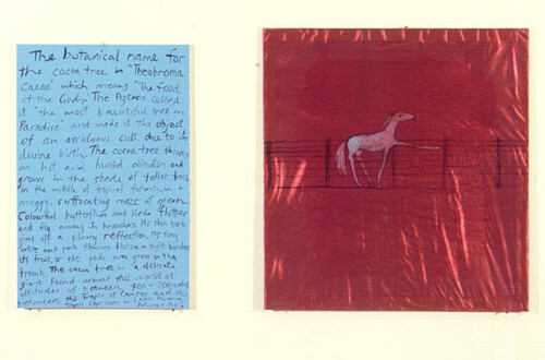 Jenny Watson Horse in a Fence, 1999; acrylic on rabbit skin glue-primed taffeta and acrylic on stretcher; 96 x 90 cm, 92 x 60 cm; enquire