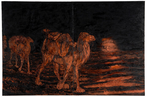 Mandy Martin Wanderers in the desert of the real; E.C. Warburton emerging from the Great Sandy Desert, after engraving, 2008; Ochre, pigment, and oil on linen; diptych, overall 180 x 270 cm; enquire