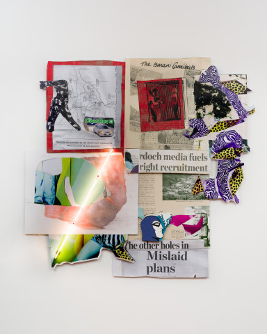 Brook Andrew This year, mislaid plans..., 2020; screen print, photoprint, digital print, textile, paper and neon; 287.5 x 297 x 10 cm; more info; enquire