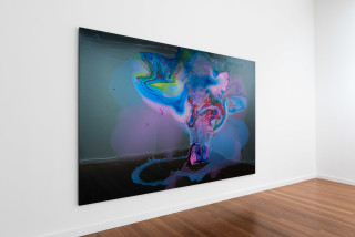 Dale Frank Past 4am lurching out over the 19th floor hotel balcony he let the drink in his hand drop, 2024; transparent dye, powder pigments, epoxyglass, on Perspex; 200 x 300 cm; enquire