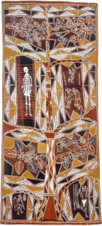 Les Midikuria People Gathering Bush Tucker for a Funeral, 1993; natural ochre pigments on bark; 74 x 168 cm; enquire