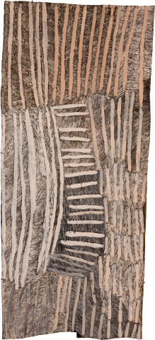 Nyapanyapa Yunupingu Lines Pink and Black 2, 2017; 4088-17; natural earth pigments on bark; 184 x 81 cm; Enquire